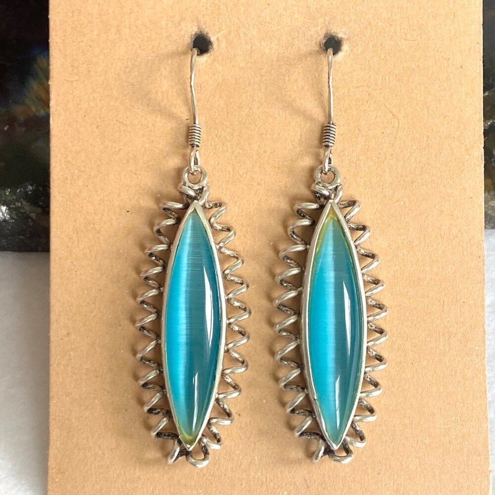 Sterling Silver 925 Marquise Turquoise Blue Cats Eye Spiral Dangle Earrings